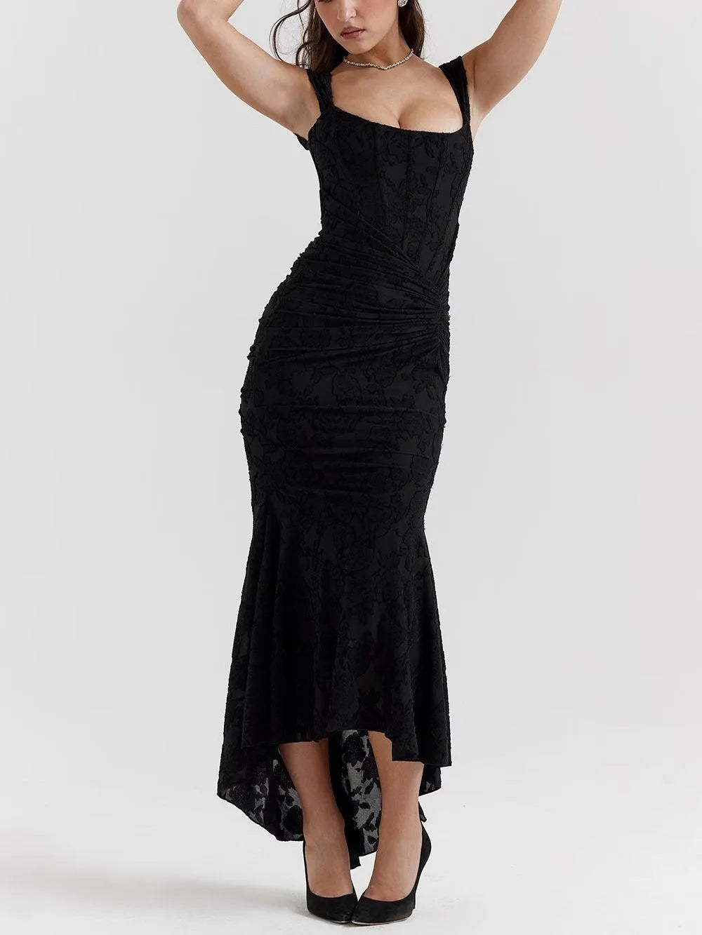 Women’s Elegant Vintage Maxi Wedding Guest Dress with Square Neck