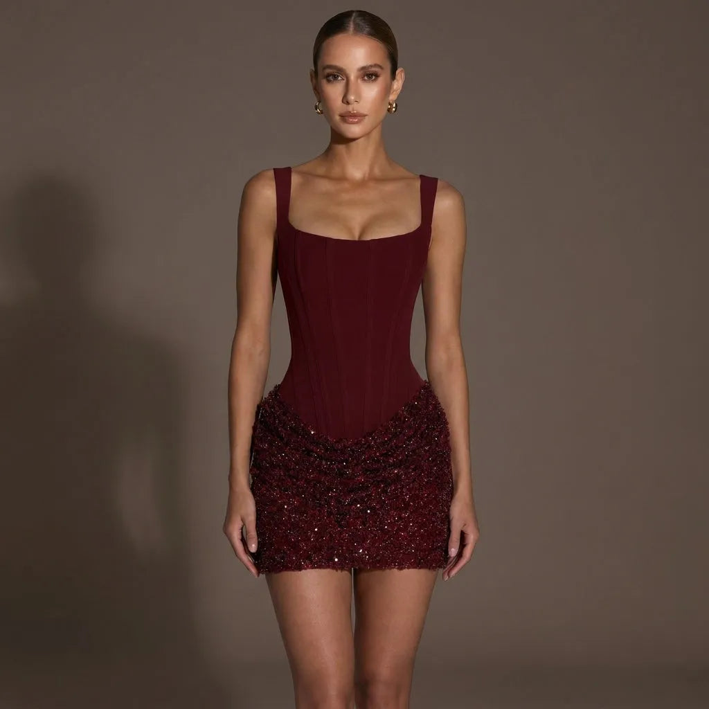 Women's Evening Corset Mini Cocktail  Dress with Ruched Skirt