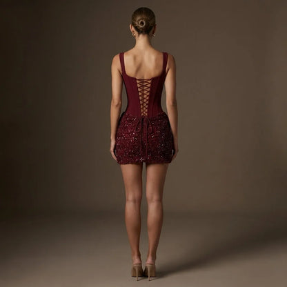 Women's Evening Corset Mini Cocktail  Dress with Ruched Skirt