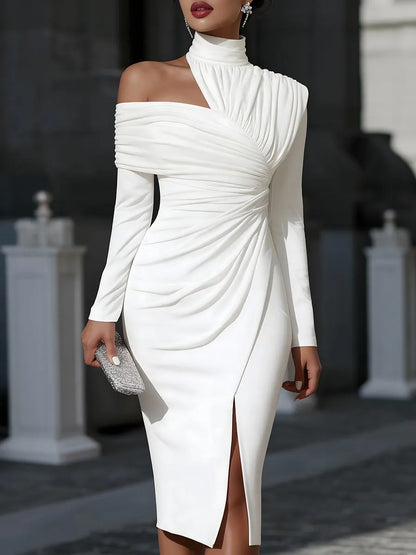 Women's Asymmetrical Evening Midi Wedding Guest Dress with One Shoulder
