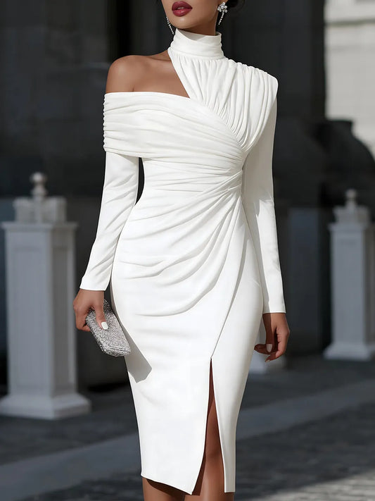 Women's Asymmetrical Evening Midi Wedding Guest Dress with One Shoulder