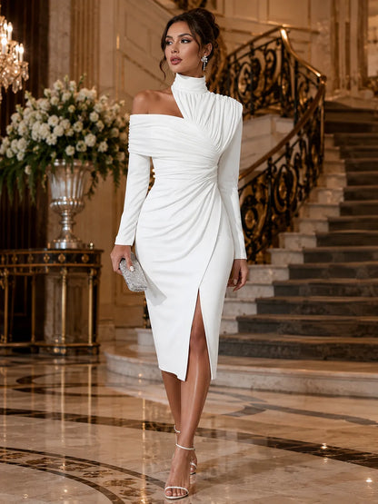 Women's Asymmetrical Evening Midi Wedding Guest Dress with One Shoulder