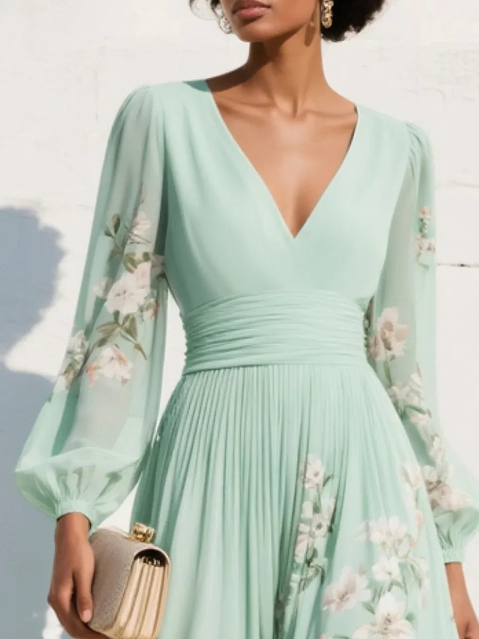 Women's Floral A-Line Maxi Wedding Guest Dress with V-Neck