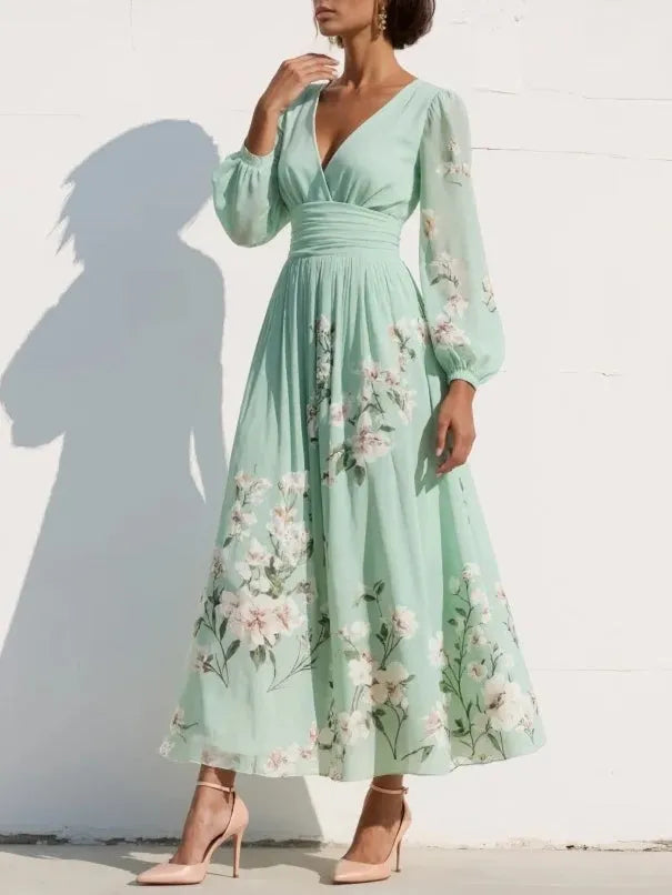 Women's Floral A-Line Maxi Wedding Guest Dress with V-Neck
