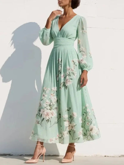 Women's Floral A-Line Maxi Wedding Guest Dress with V-Neck