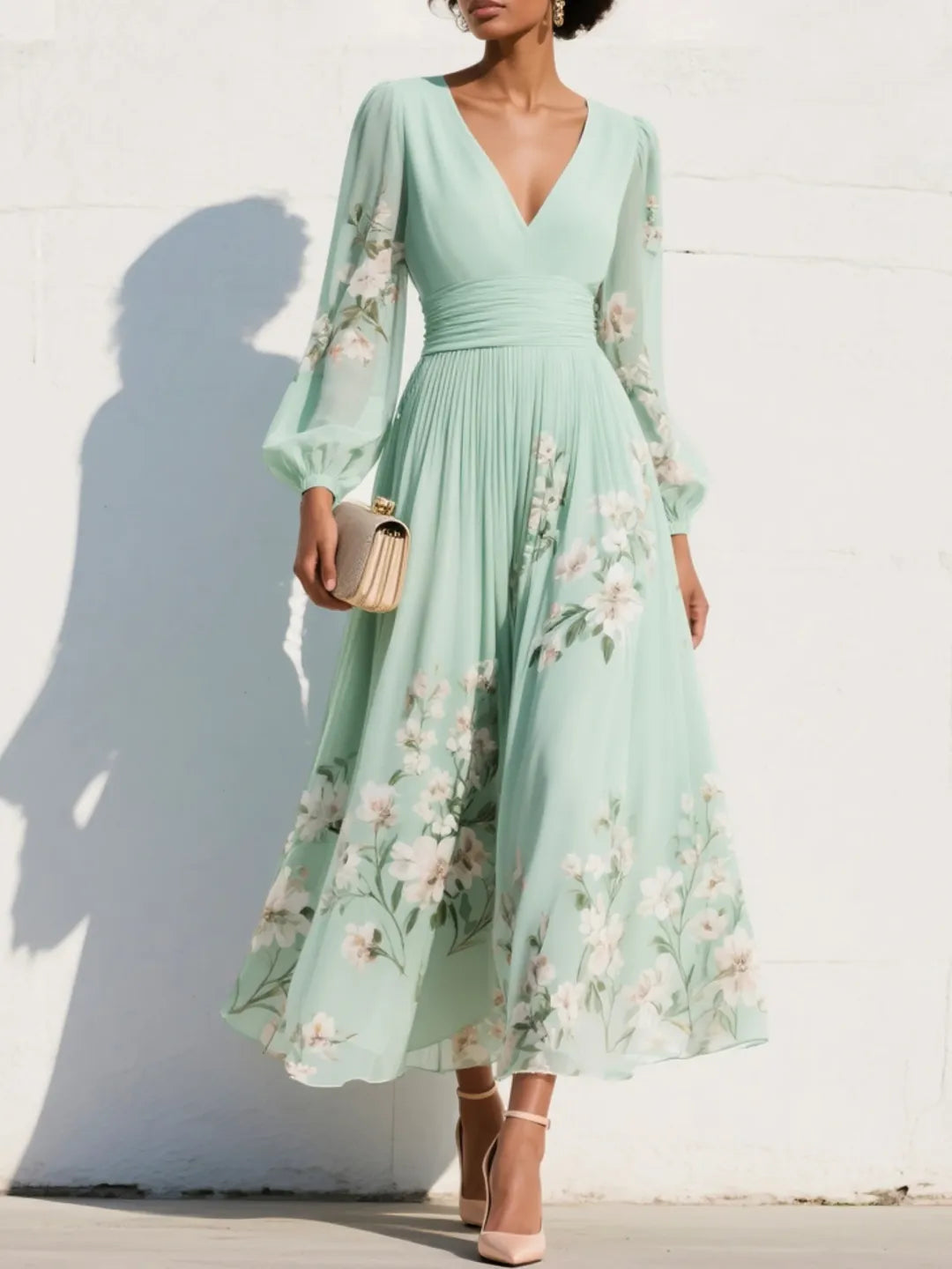 Women's Floral A-Line Maxi Wedding Guest Dress with V-Neck