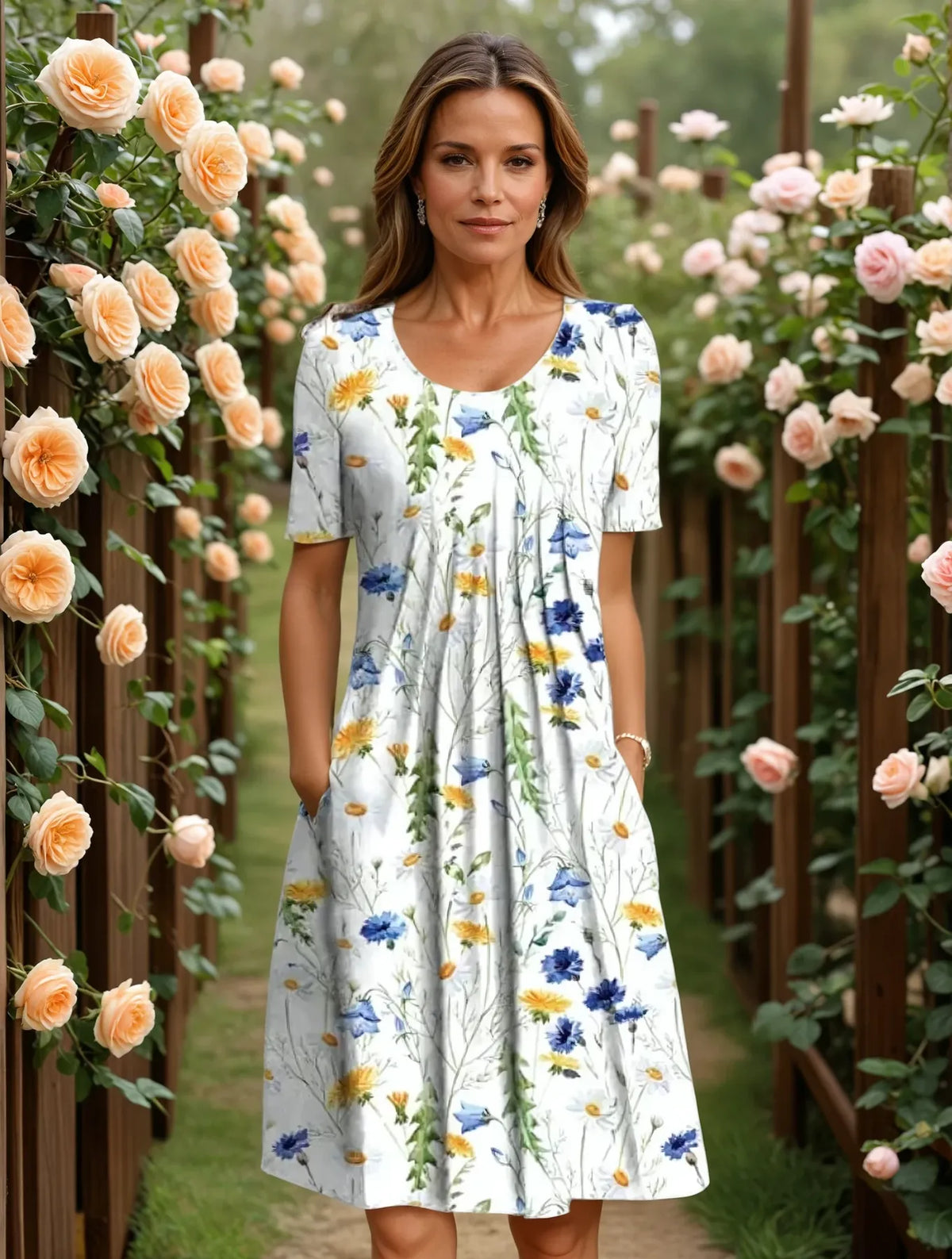 Women's Floral Casual Midi Summer Dress with Short Sleeves