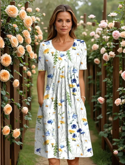Women's Floral Casual Midi Summer Dress with Short Sleeves