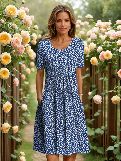 Women's Floral Casual Midi Summer Dress with Short Sleeves