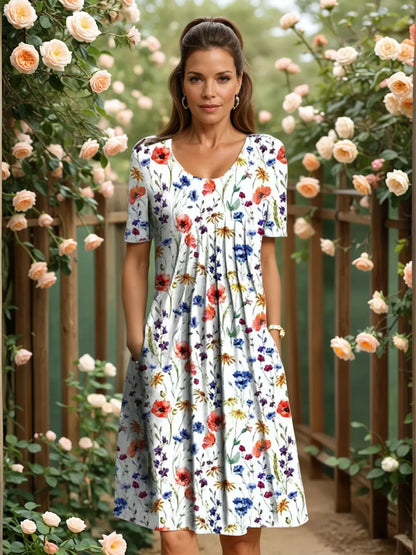 Women's Floral Casual Midi Summer Dress with Short Sleeves