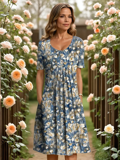 Women's Floral Casual Midi Summer Dress with Short Sleeves
