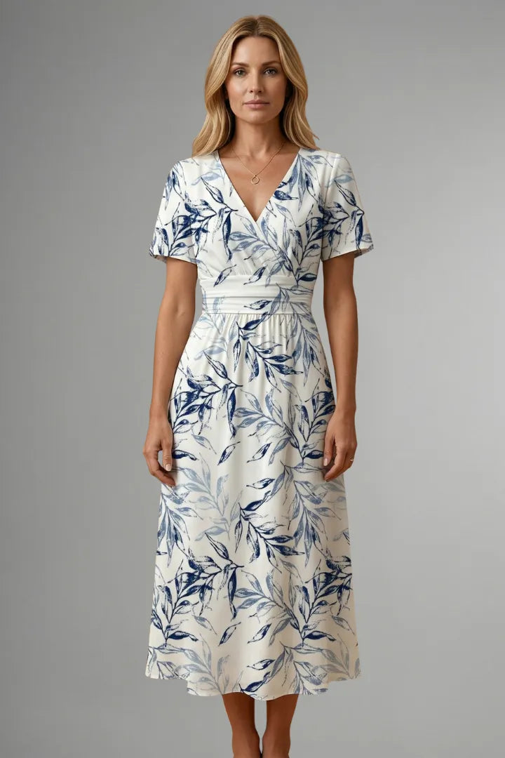 Women's Floral Casual Midi Wedding Guest Dress with V-Neckline