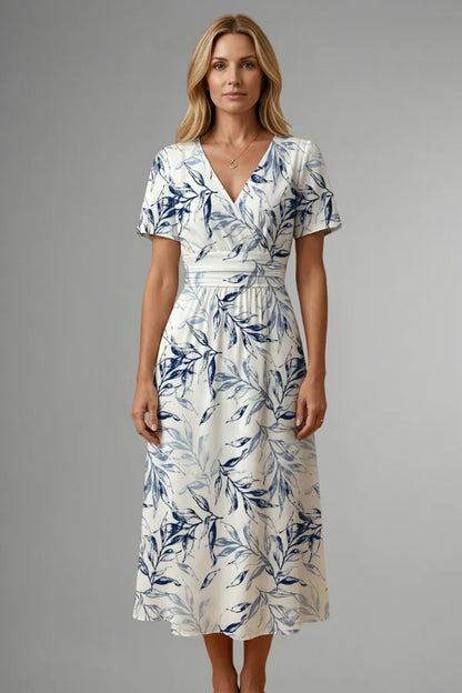 Women's Floral Casual Midi Wedding Guest Dress with V-Neckline