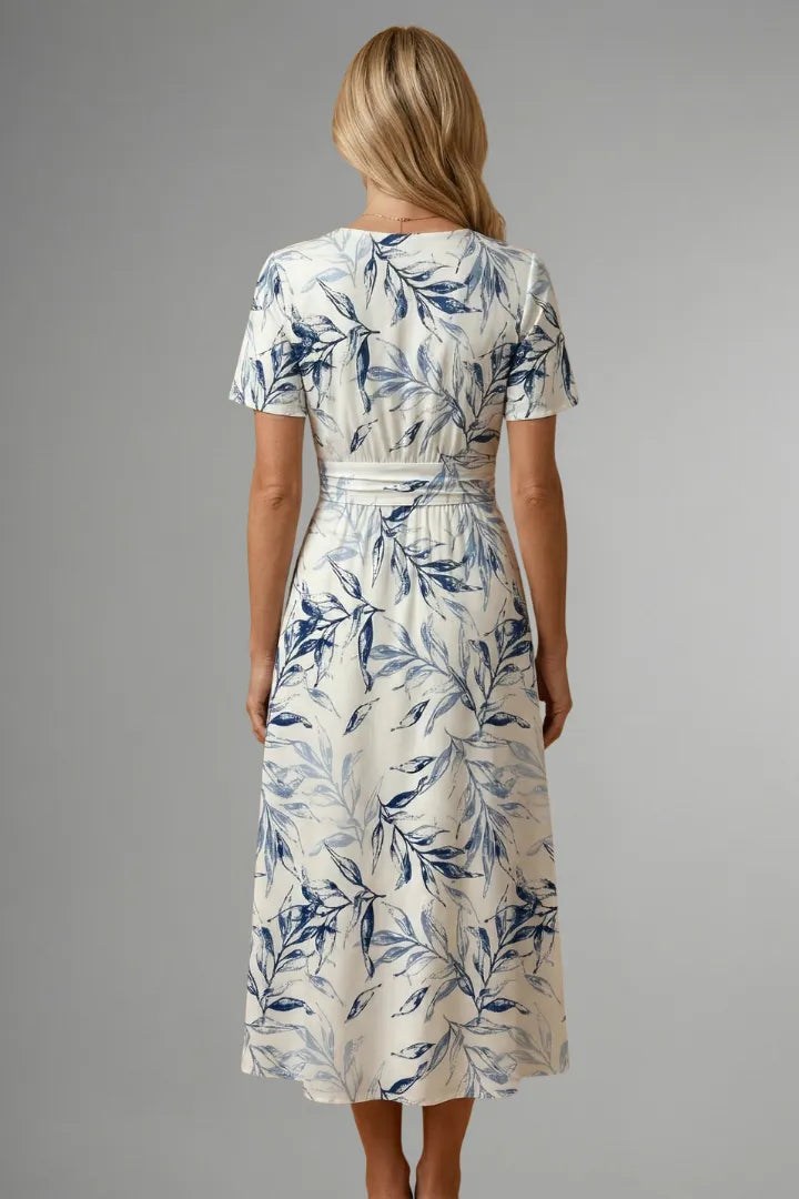 Women's Floral Casual Midi Wedding Guest Dress with V-Neckline