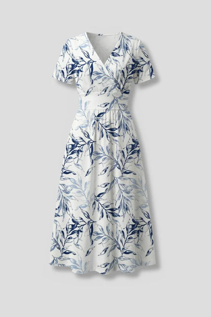 Women's Floral Casual Midi Wedding Guest Dress with V-Neckline