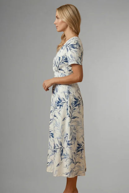 Women's Floral Casual Midi Wedding Guest Dress with V-Neckline
