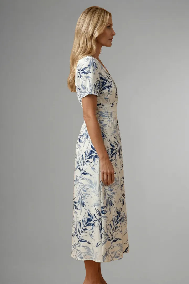 Women's Floral Casual Midi Wedding Guest Dress with V-Neckline