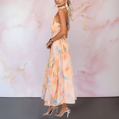 Women’s Floral Elegant Maxi Wedding Guest Dress with Halter Neck