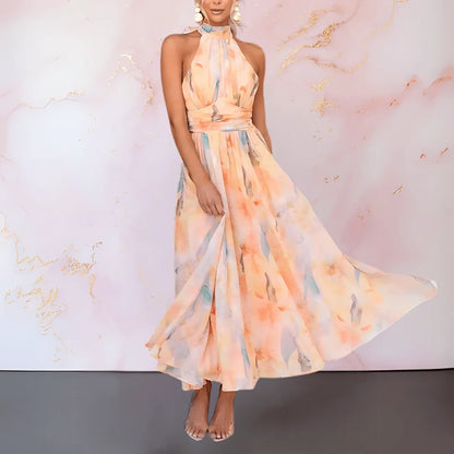 Women’s Floral Elegant Maxi Wedding Guest Dress with Halter Neck