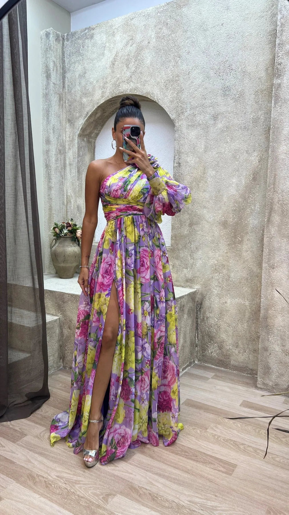 Women's Floral Elegant Maxi Wedding Guest Dress with One Shoulder
