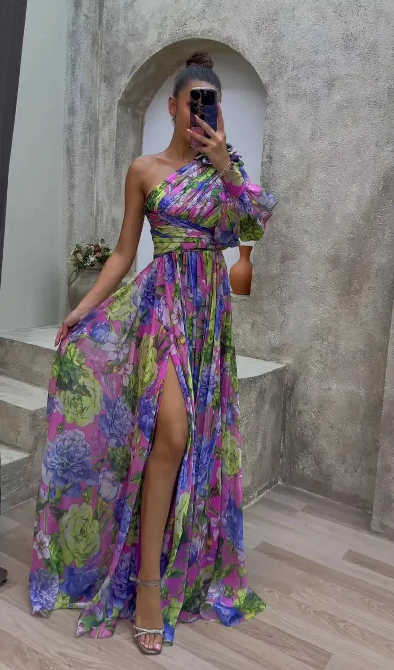 Women's Floral Elegant Maxi Wedding Guest Dress with One Shoulder