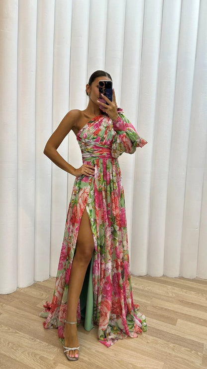 Women's Floral Elegant Maxi Wedding Guest Dress with One Shoulder
