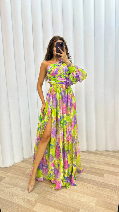Women's Floral Elegant Maxi Wedding Guest Dress with One Shoulder