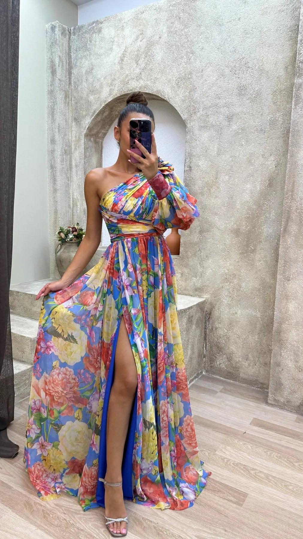Women's Floral Elegant Maxi Wedding Guest Dress with One Shoulder