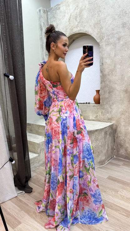 Women's Floral Elegant Maxi Wedding Guest Dress with One Shoulder
