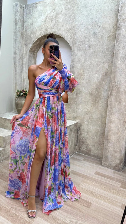 Women's Floral Elegant Maxi Wedding Guest Dress with One Shoulder