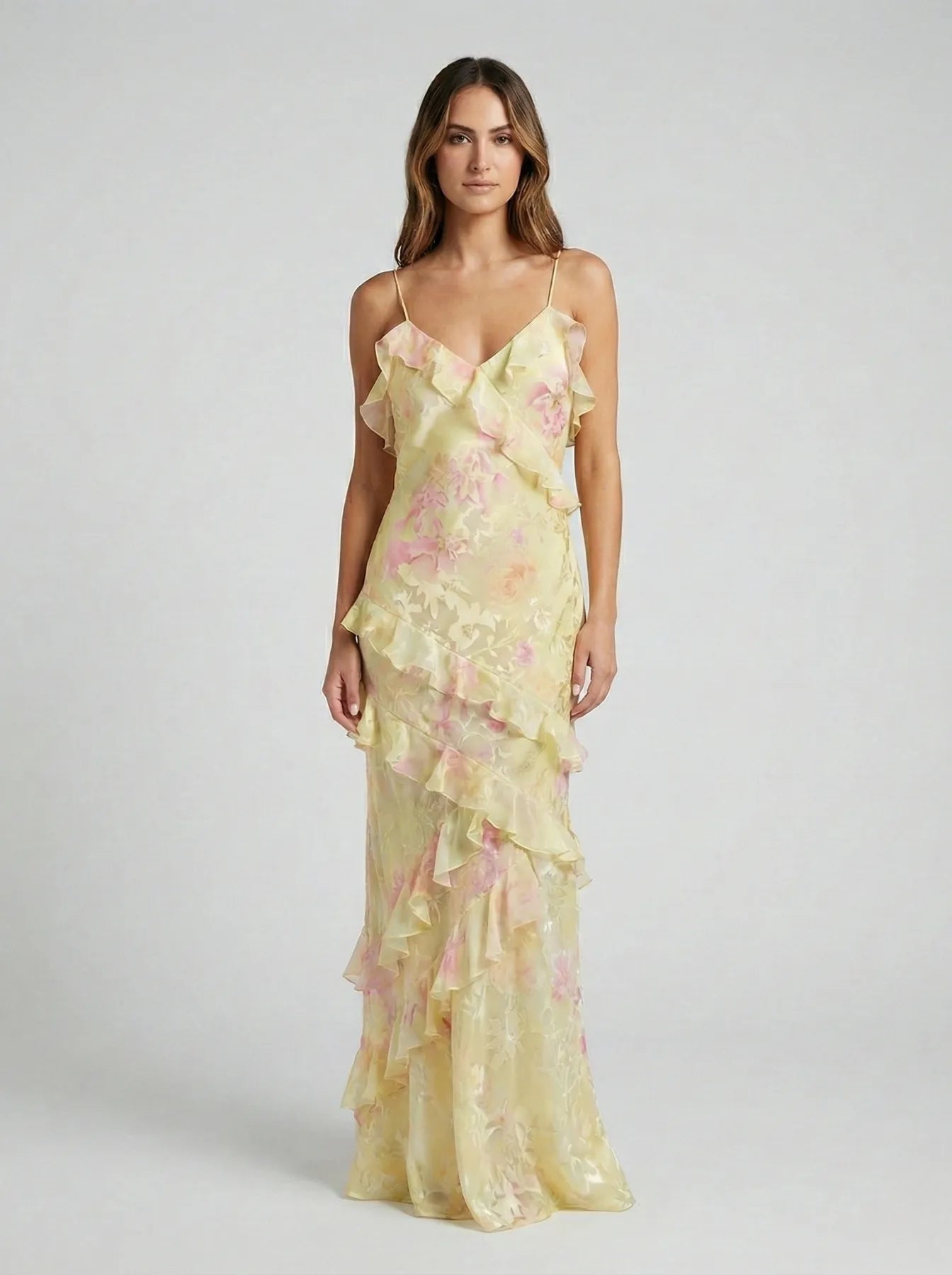 Women's Floral Elegant Maxi Wedding Guest Dress with Ruffle