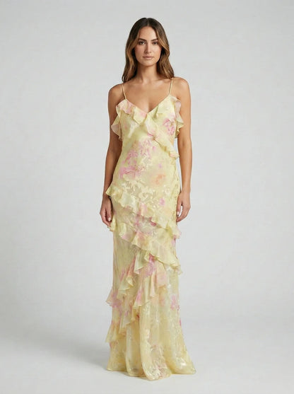 Women's Floral Elegant Maxi Wedding Guest Dress with Ruffle