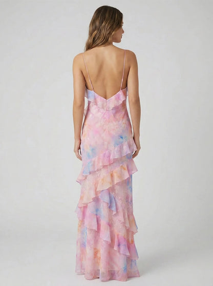 Women's Floral Elegant Maxi Wedding Guest Dress with Ruffle