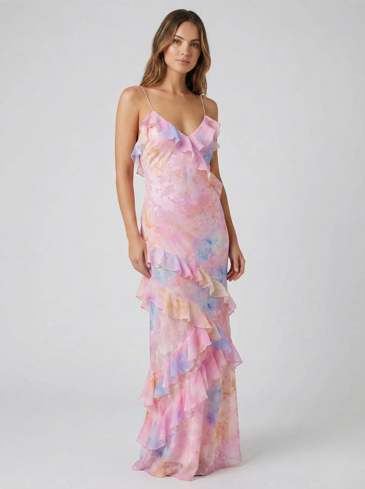 Women's Floral Elegant Maxi Wedding Guest Dress with Ruffle