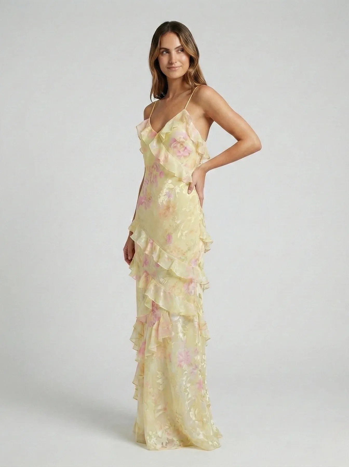 Women's Floral Elegant Maxi Wedding Guest Dress with Ruffle