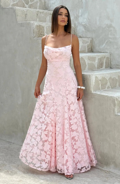 Women’s Floral Elegant Maxi Wedding Guest Dress with Spaghetti Straps