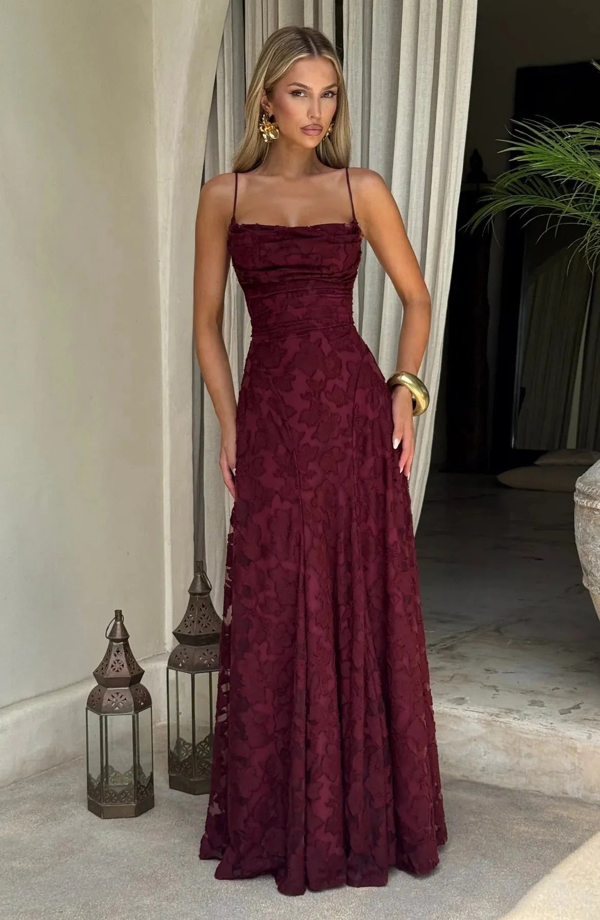 Women’s Floral Elegant Maxi Wedding Guest Dress with Spaghetti Straps
