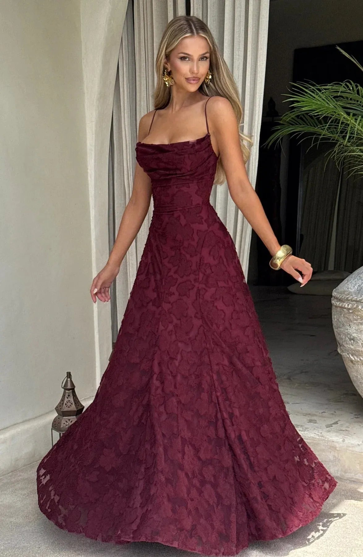 Women’s Floral Elegant Maxi Wedding Guest Dress with Spaghetti Straps