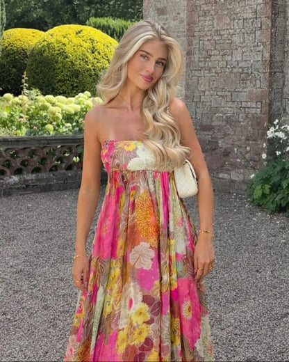Women’s Floral Elegant Maxi Wedding Guest Dress with Strapless Neckline