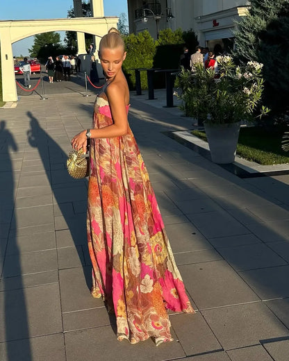 Women’s Floral Elegant Maxi Wedding Guest Dress with Strapless Neckline