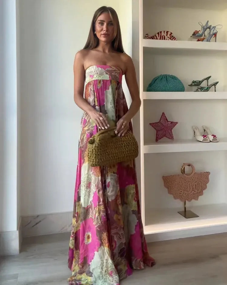 Women’s Floral Elegant Maxi Wedding Guest Dress with Strapless Neckline