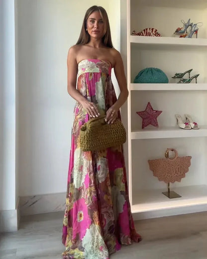 Women’s Floral Elegant Maxi Wedding Guest Dress with Strapless Neckline