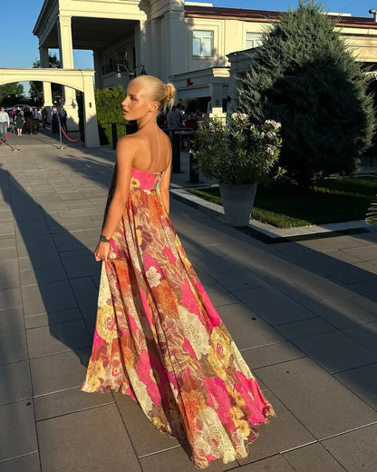 Women’s Floral Elegant Maxi Wedding Guest Dress with Strapless Neckline