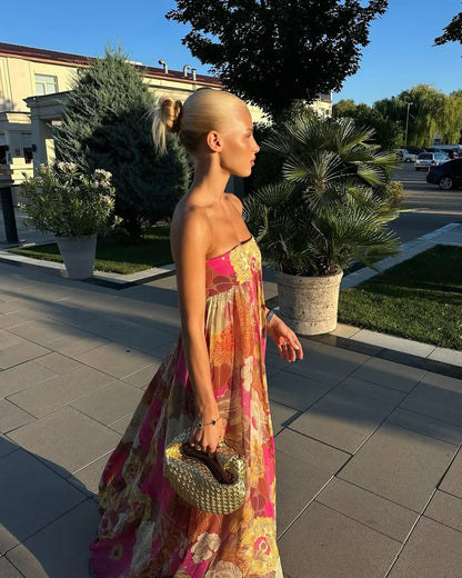 Women’s Floral Elegant Maxi Wedding Guest Dress with Strapless Neckline