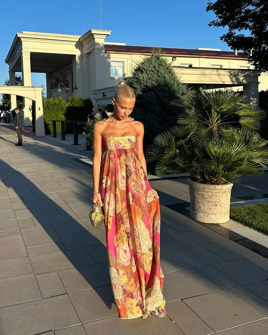 Women’s Floral Elegant Maxi Wedding Guest Dress with Strapless Neckline