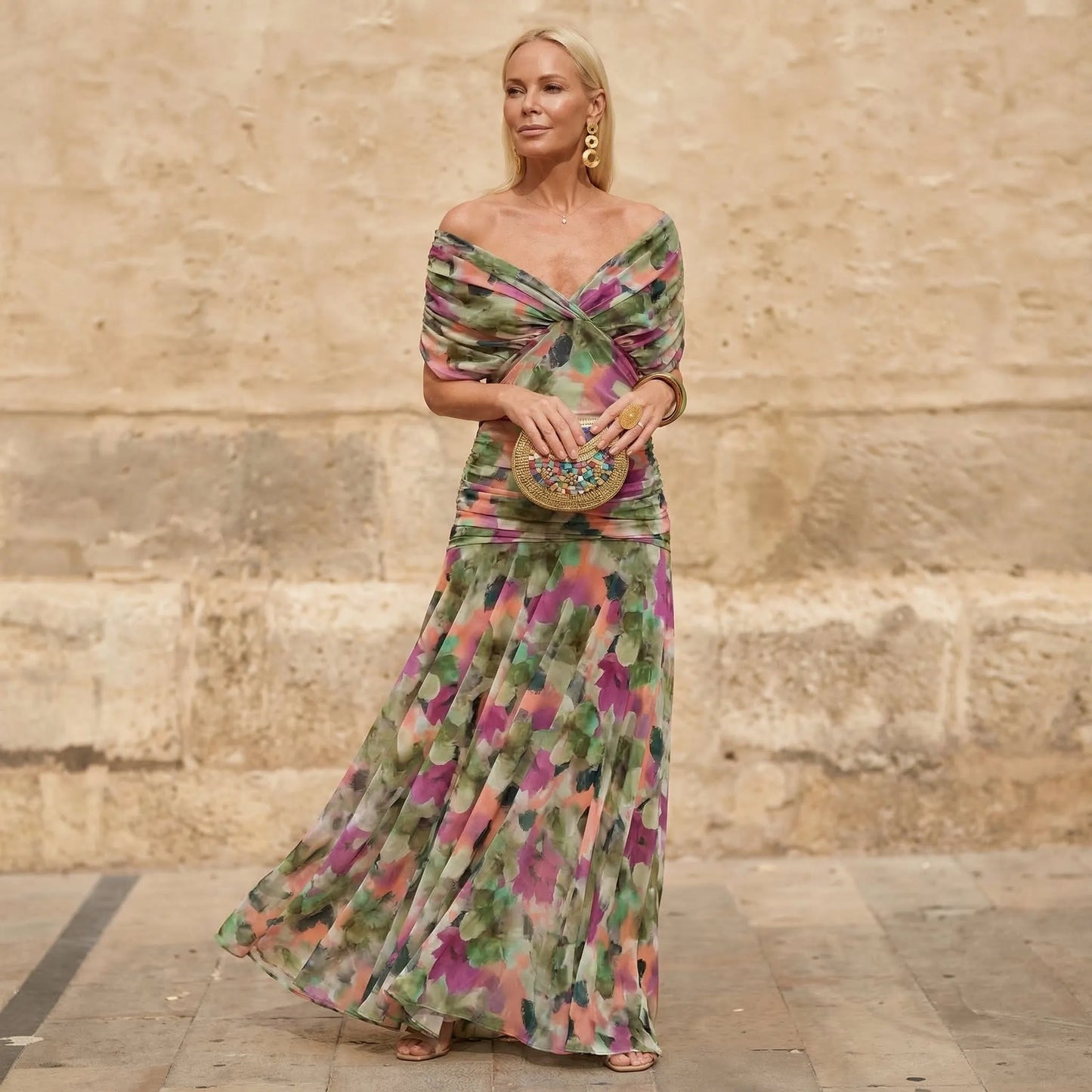 Women's Floral Elegant Maxi Wedding Guest Dress with V-Neck