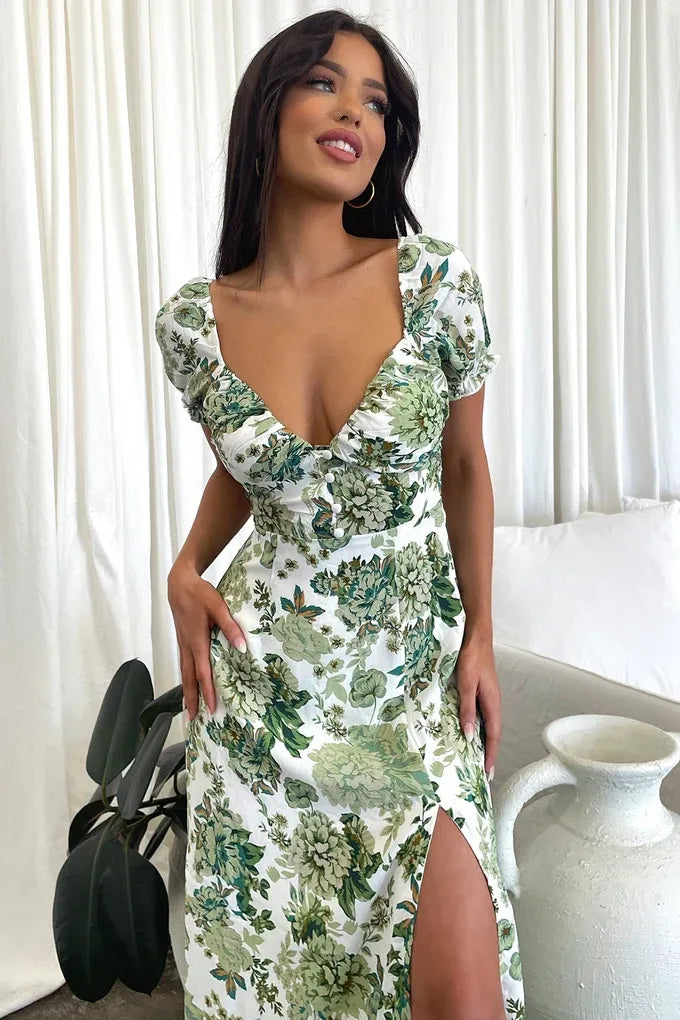Women's Floral Elegant Midi Summer Dress with Sweetheart Neckline