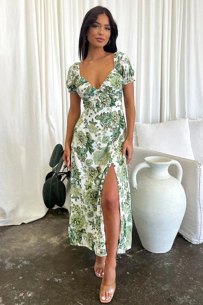 Women's Floral Elegant Midi Summer Dress with Sweetheart Neckline