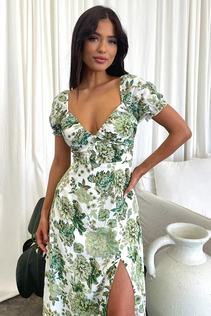 Women's Floral Elegant Midi Summer Dress with Sweetheart Neckline