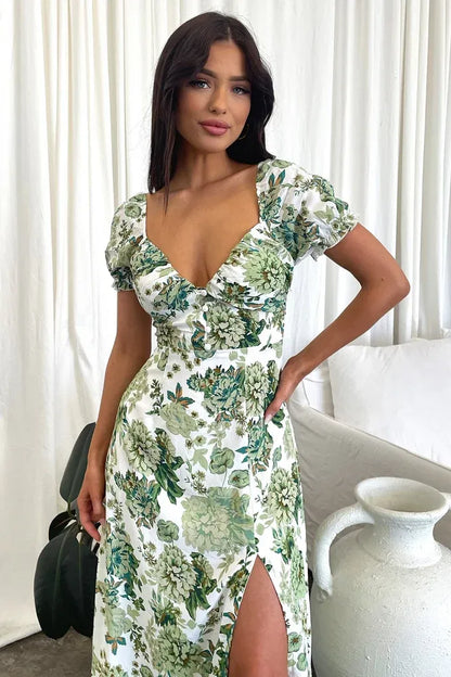 Women's Floral Elegant Midi Summer Dress with Sweetheart Neckline